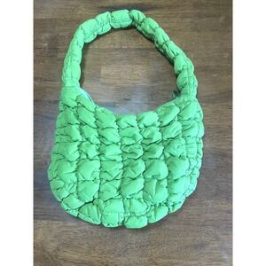 Lime Green Quilted Bubble Hobo Bag Puffy Textured Shoulder Purse Crescent Shape